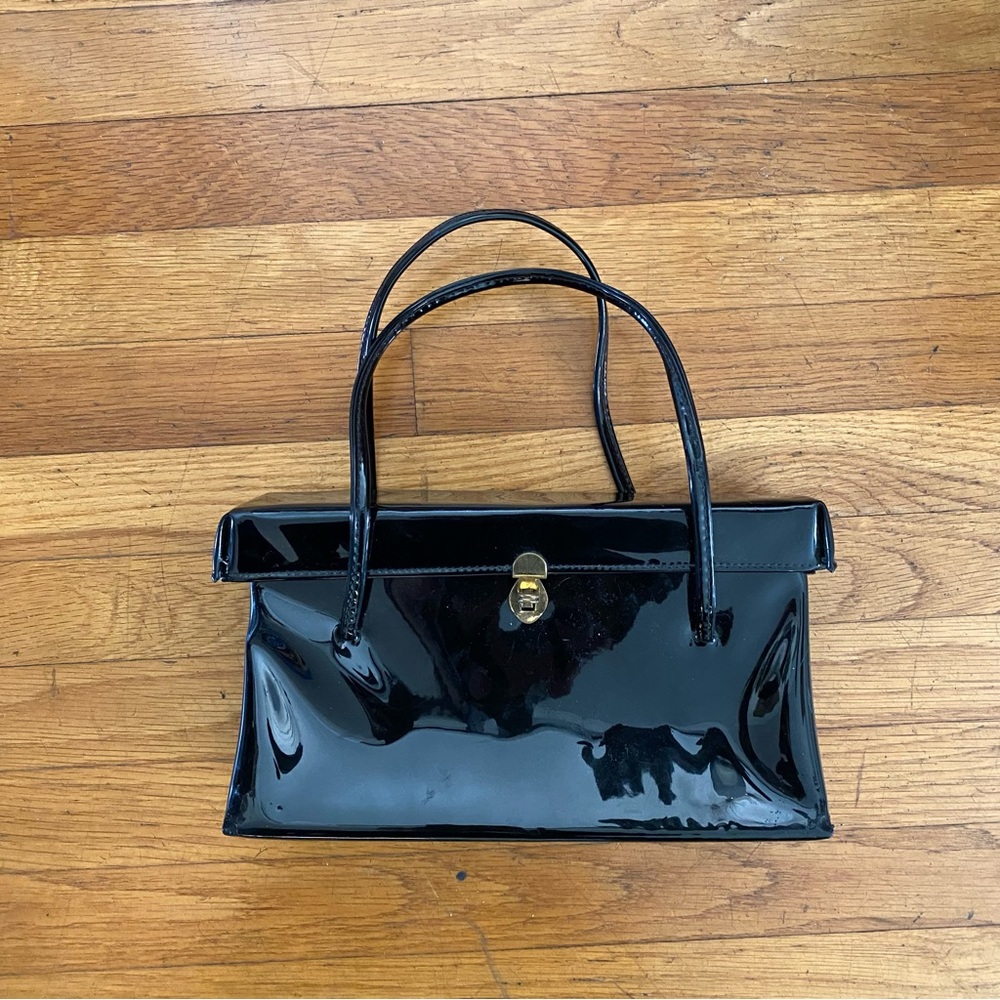 Vintage 1950s Mid-Century Black Patent "Kelly" Flip Lock Bag